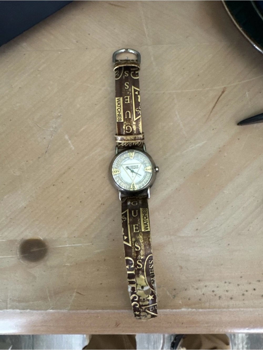 Guess Brown Logo Pattern Leather-Strap Watch with Gold Accents Y2K